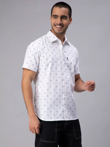 Regular Fit Pure Cotton White Printed Casual Shirt For Men