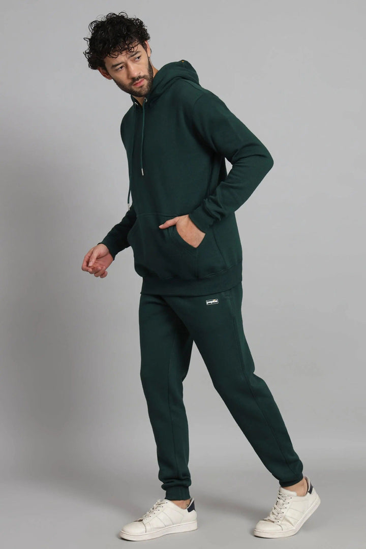Regular Fit Printed Bottle Green Hoodie-Trouser Co-ord Set For Men