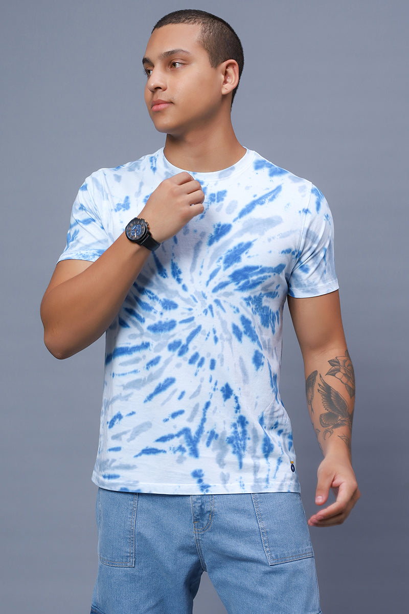 Premium Blue White Tie Dye Tee Shirt for Men