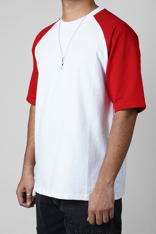 Oversized Printed Raglan Sleeves T-Shirt (Red & White)