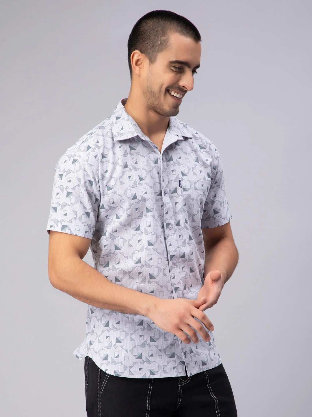Regular Fit Pure Cotton Grey Printed Casual Shirt For Men - Peplos Jeans 
