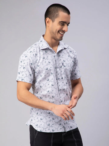 Regular Fit Pure Cotton Grey Printed Casual Shirt For Men