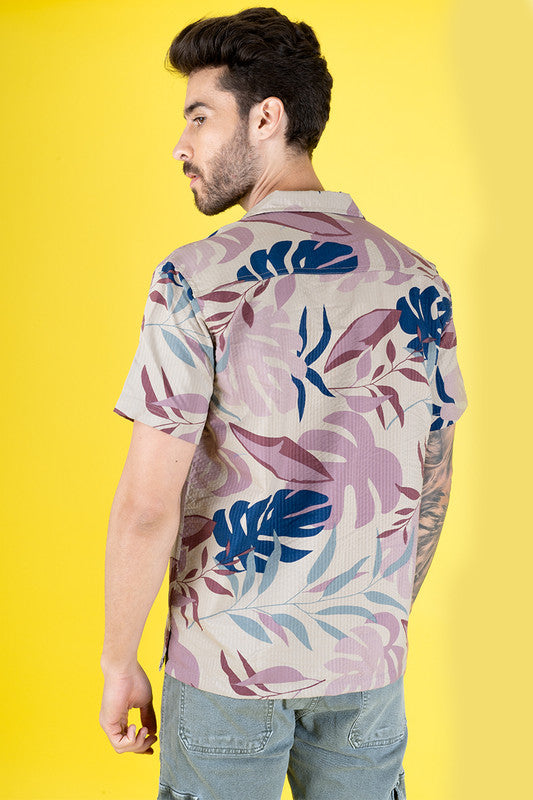 Men's Tropical Print Cuban Collar Shirt - Pink