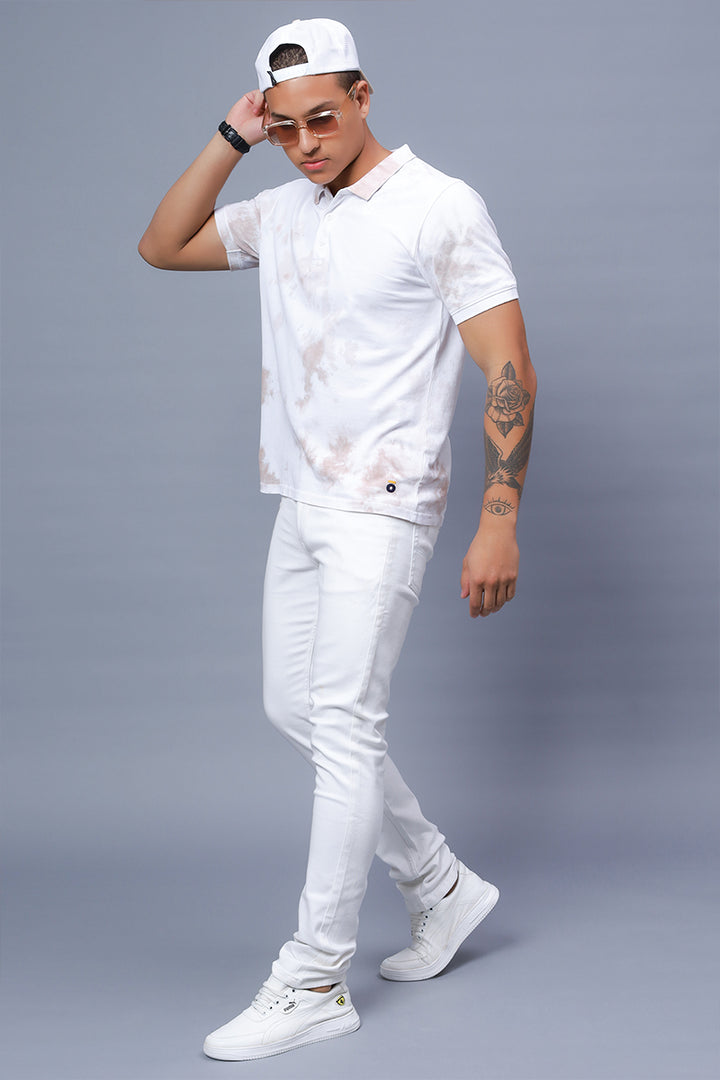 Men's Polo Neck White Tie & Dye Cotton T-shirt