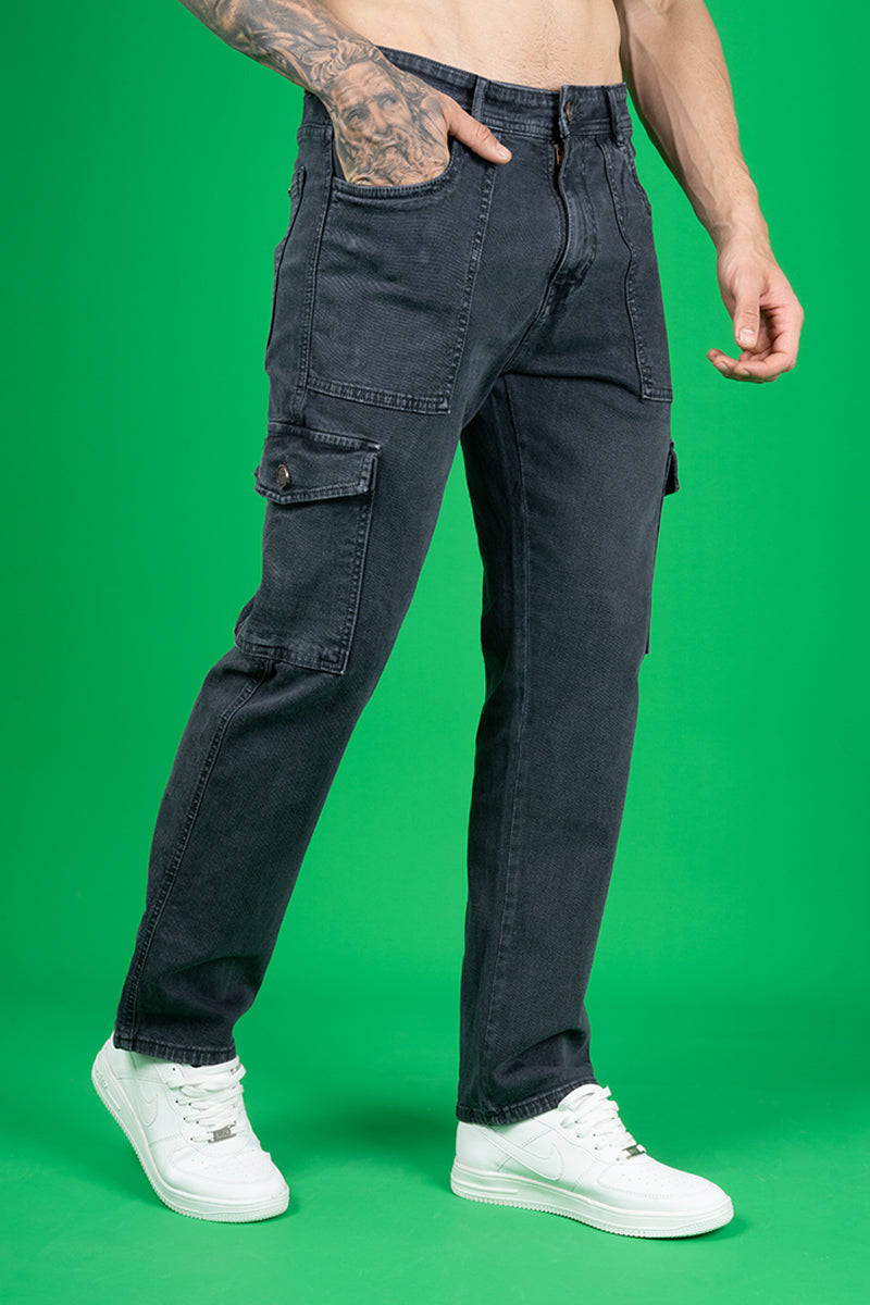 Men's Regular Fit Black Denim Cargo Trousers - Stretchable Fabric, Casual Wear
