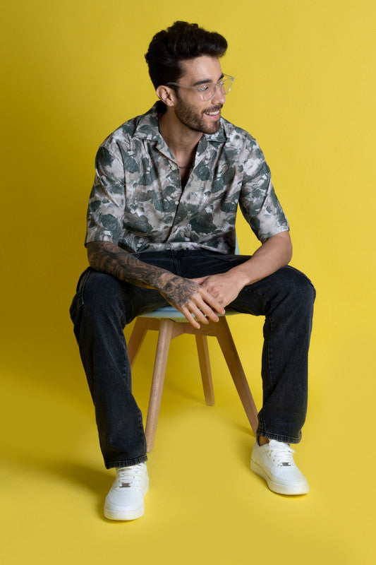 Men's Cuban Collar Shirt - Abstract Green Print