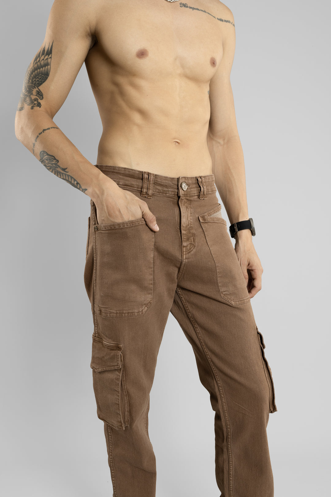 Men's Straight Fit Denim Cargo Pant (Coffee Brown)