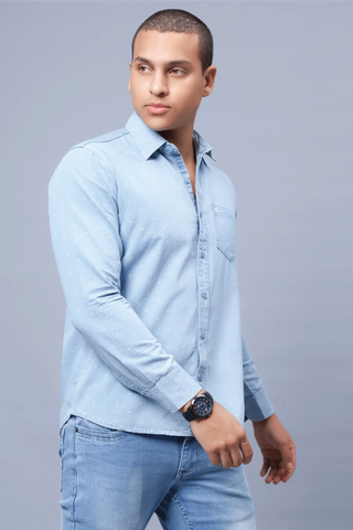 Regular Fit Light Blue Solid Denim Shirt For Men