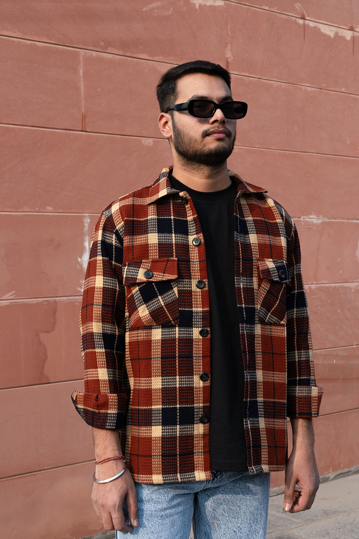 Oversized Checkered Shacket For Men (Brown)