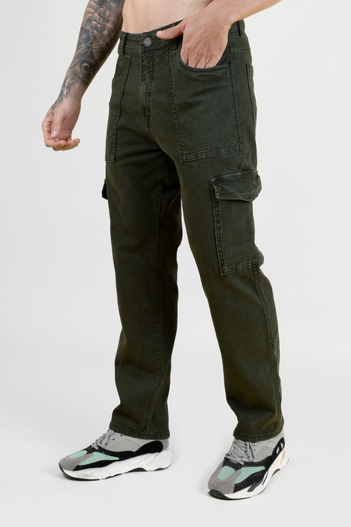 Men's Dark Green Denim Cargo Trousers - Regular Fit