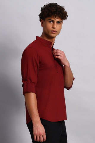 Full sleeves Maroon color Pure Cotton Short Kurta Shirt