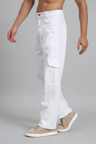 Men's Loose Fit Multiple Pocket White Denim Cargo Pant