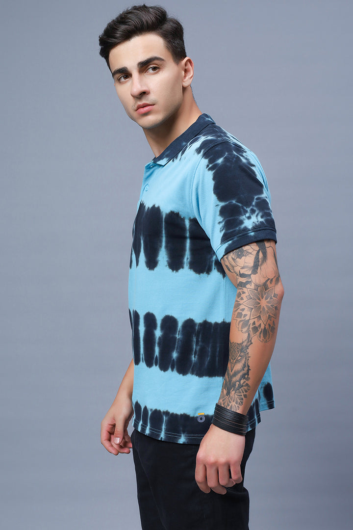 Men's Polo Neck Blue Tie & Dye Cotton T-shirt - Peplos Jeans 