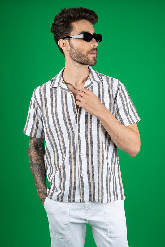 Men's Regular Fit Cuban Collar Shirt - Fawn Stripes - Half Sleeves