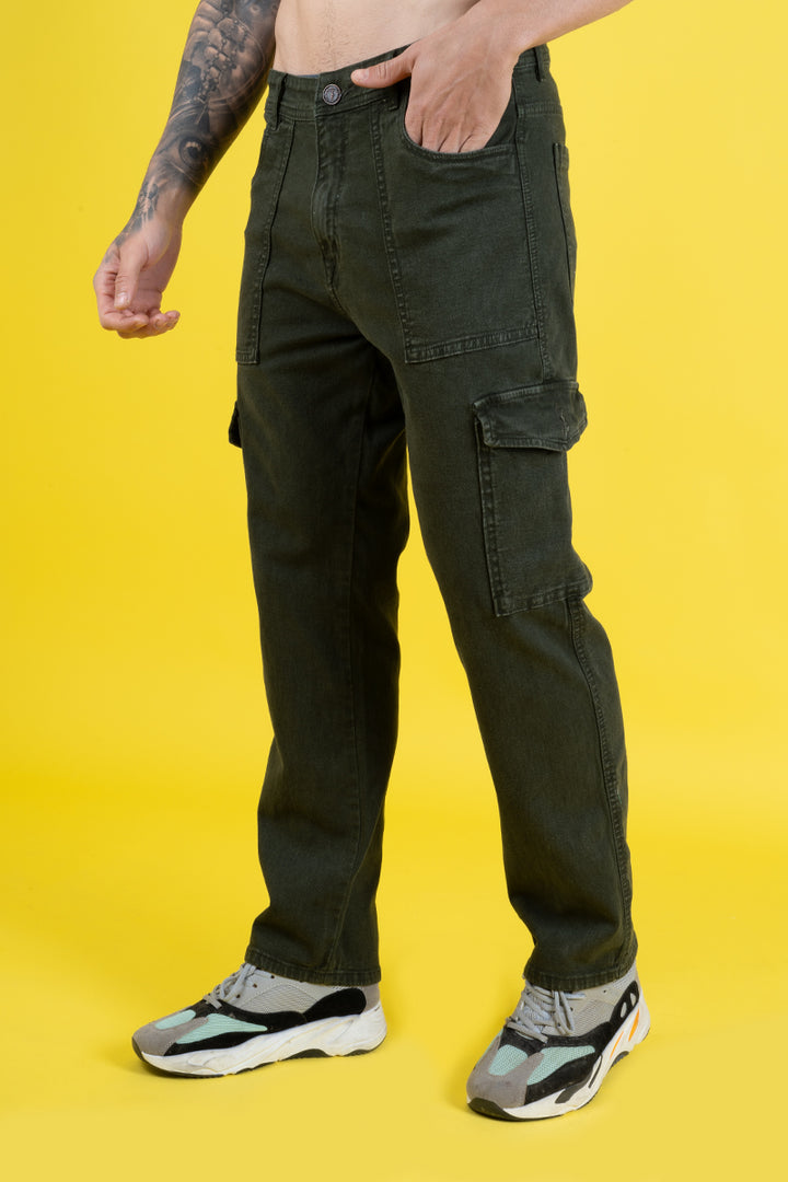 Men's Dark Green Stretchable Denim Cargo Trousers - Regular Fit