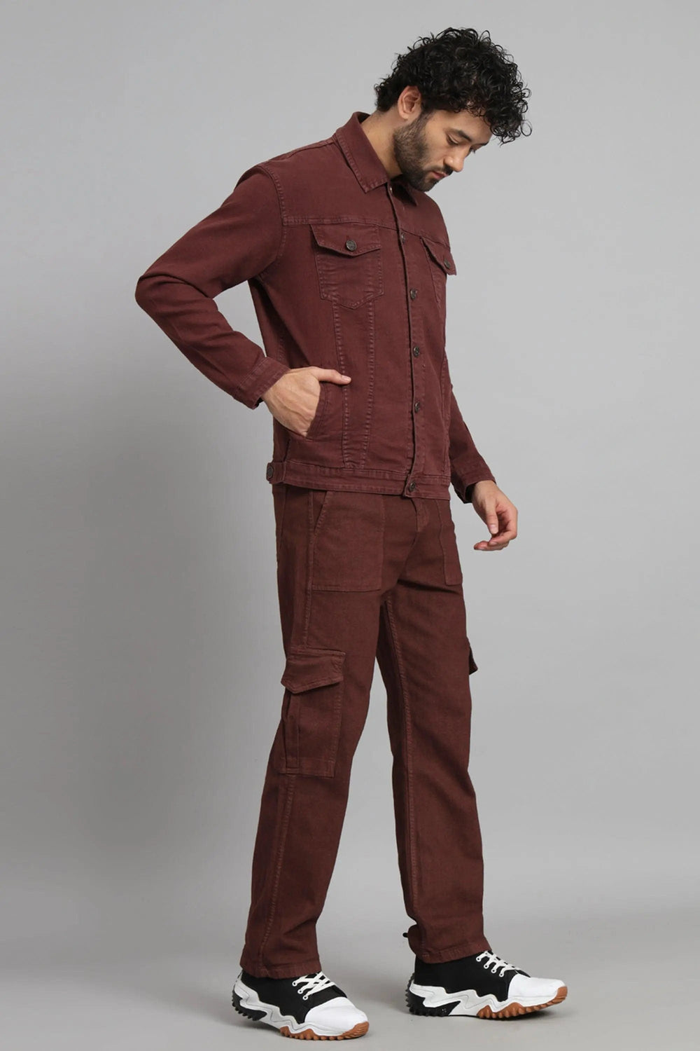 Regular Fit Brown Denim Cargo & Jacket Co-ord Set for Men - Peplos Jeans 