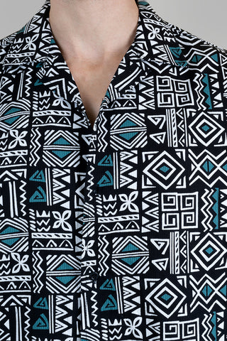 Men's Black White Oversized Tribal Print Shirt