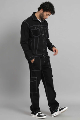 Regular Fit Black Denim Cargo & Jacket Co-ord Set for Men