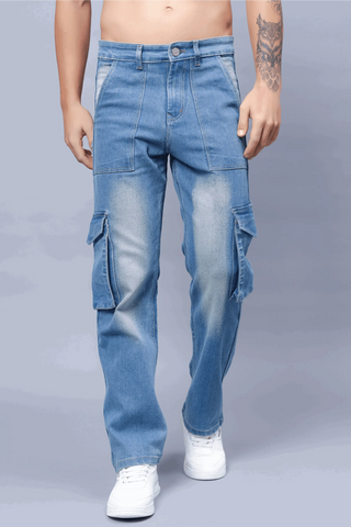 Men's Multiple Pocket Blue Cargo Denim Jeans