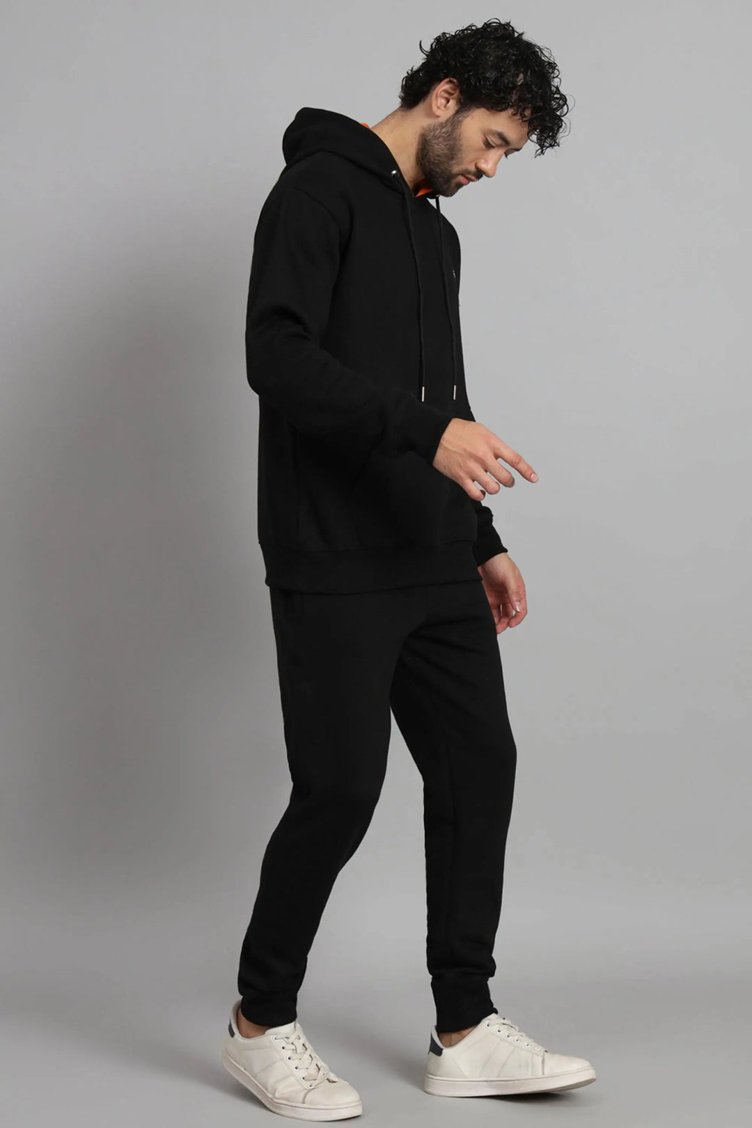 Regular Fit Solid Black Hoodie-Trouser Co-ord Set For Men