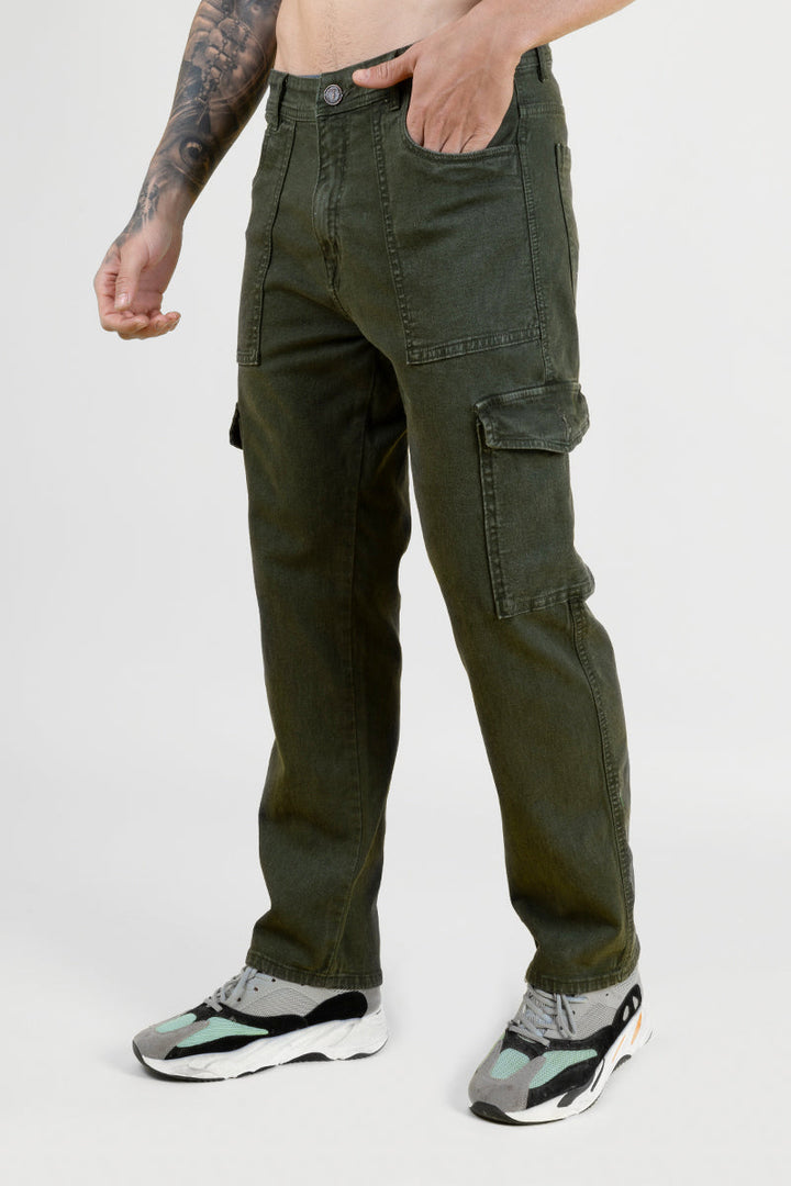 Men's Dark Green Denim Cargo Trousers - Regular Fit