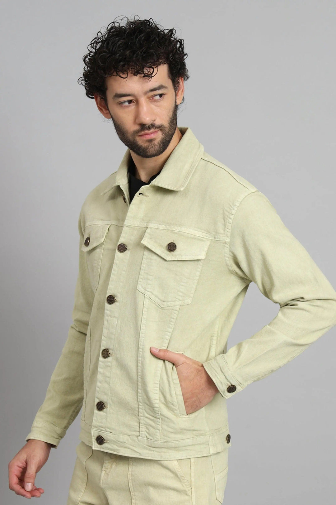 Regular Fit Pista Lime Color Denim Jacket for Men - Peplos Jeans 