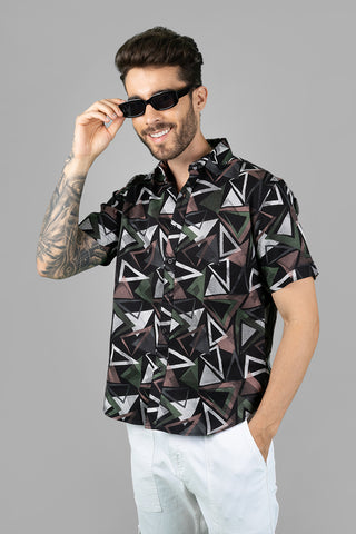 Men's Black Cotton Casual Geometric Patterned Shirt