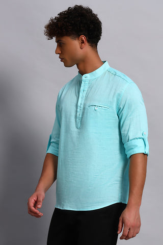 Full sleeves Aqua color Pure Cotton Short Kurta Shirt