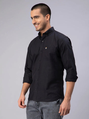 Men's Black Solid Plain Casual Shirt - Ban Collar