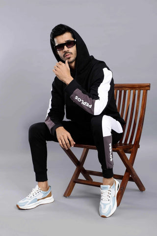 Regular Fit Black Hoodie-Trouser Co-ord Set For Men