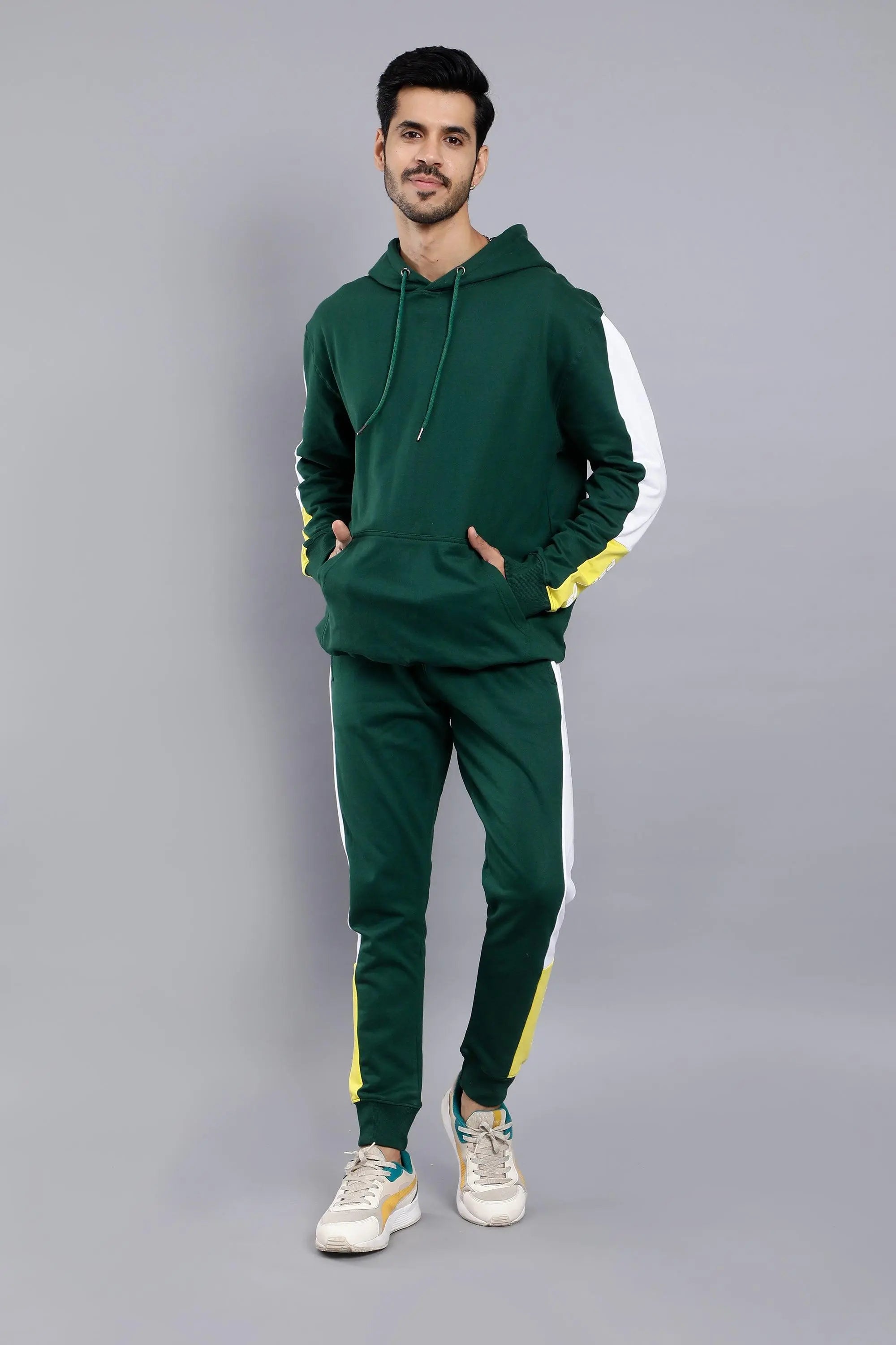 Regular Fit Solid Green Hoodie-Trouser Co-ord Set For Men