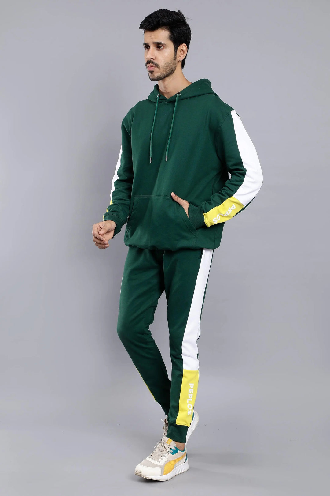 Regular Fit Solid Green Hoodie-Trouser Co-ord Set For Men - Peplos Jeans 