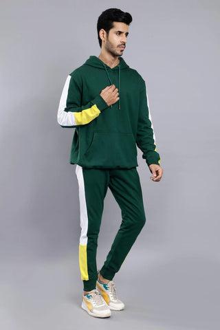 Regular Fit Solid Green Hoodie and Pants Set For Men