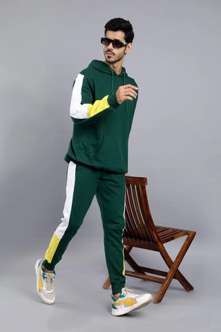 Regular Fit Solid Green Hoodie and Pants Set For Men