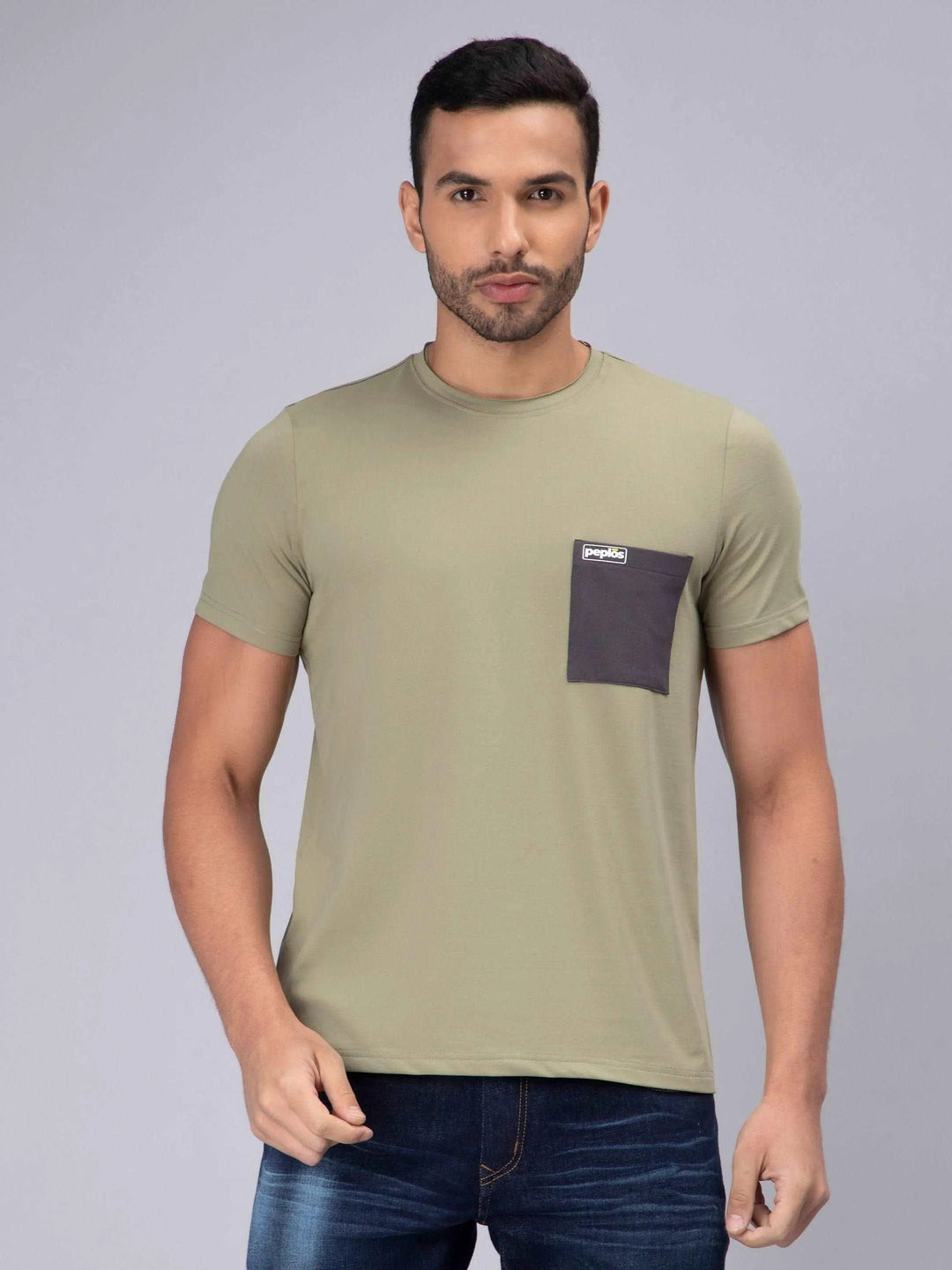 Men's Half-Sleeve Solid Cotton T-shirt with Pocket-Grey - Peplos Jeans 