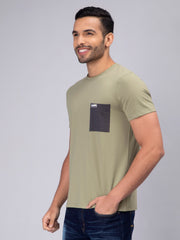 Men's Half-Sleeve Solid Cotton T-shirt with Pocket - Pista