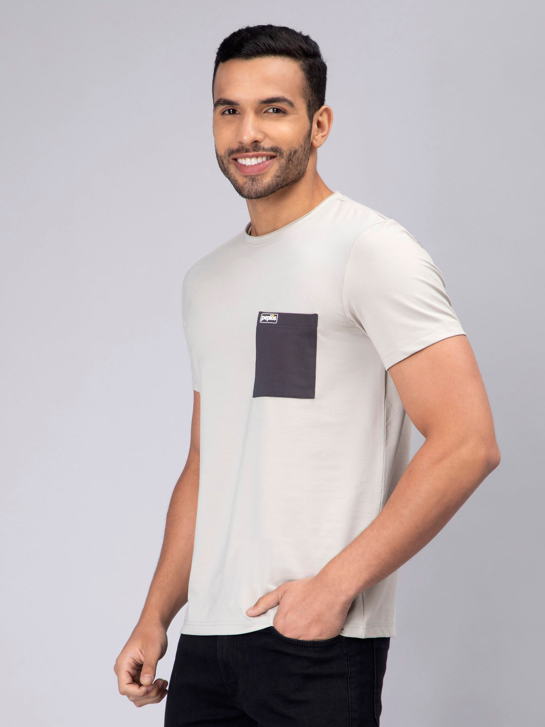 Men's Half-Sleeve Solid Cotton T-shirt with Pocket - Grey - Peplos Jeans 