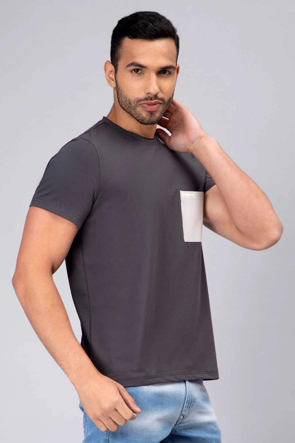 Men's Half-Sleeve Solid Cotton T-shirt with Pocket - Dark Grey