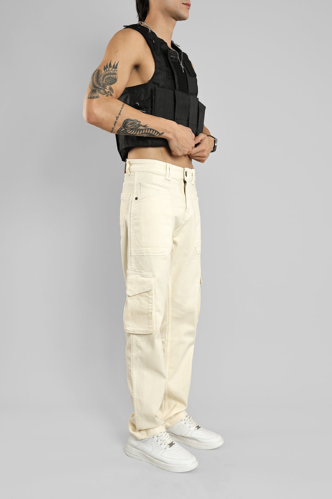 Men's Straight Fit Denim Cargo Pant (Ivory)