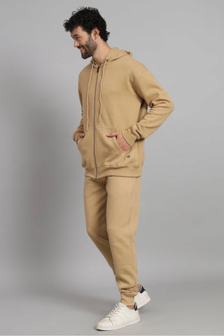 Regular Fit Fawn Color Zipper Hoodie-Trouser Co-ord Set For Men