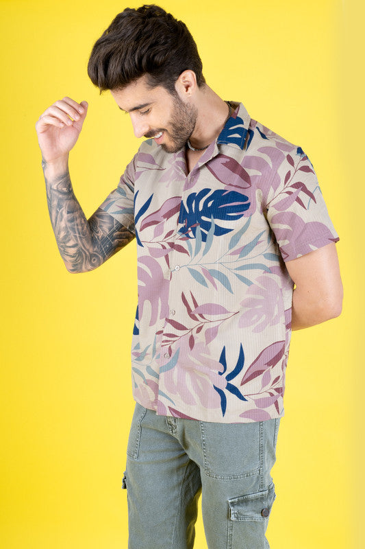 Men's Tropical Print Cuban Collar Shirt - Pink