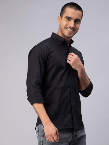 Men's Black Solid Plain Casual Shirt - Ban Collar