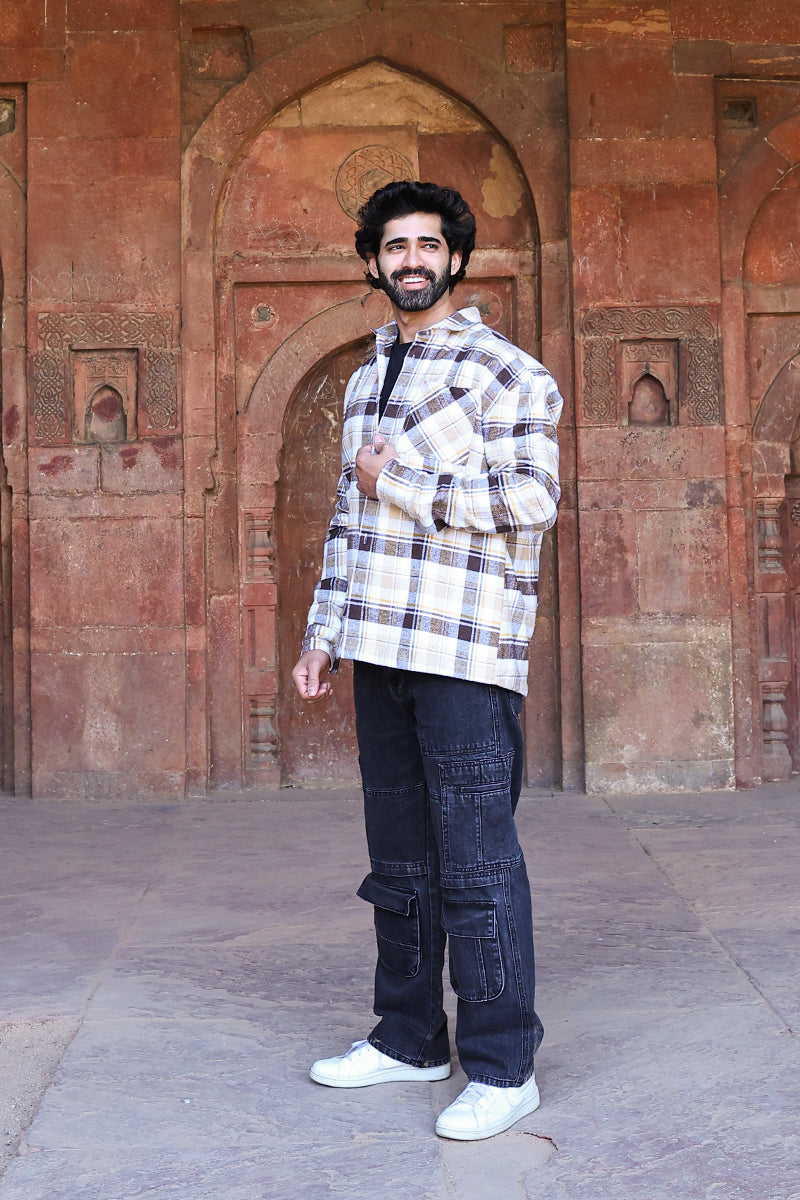 Oversized Checkered Shacket For Men (Brown)