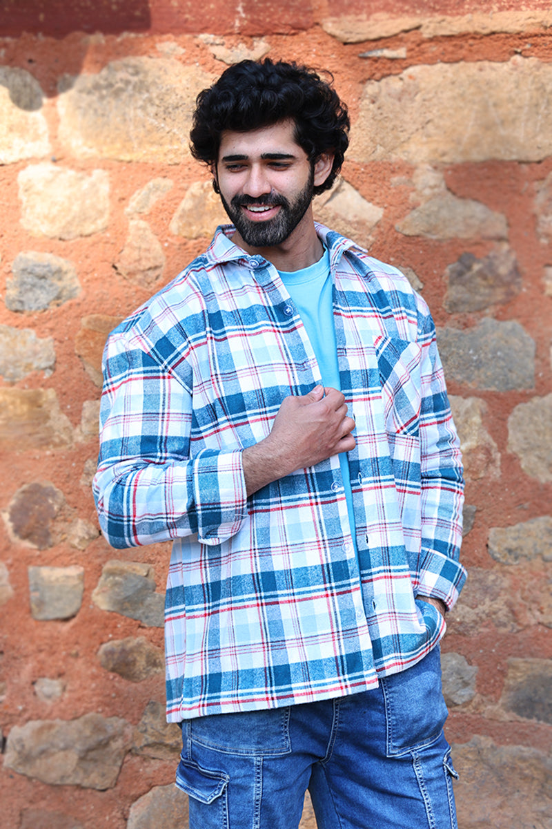 Oversized Checkered Shacket For Men (Blue & White)