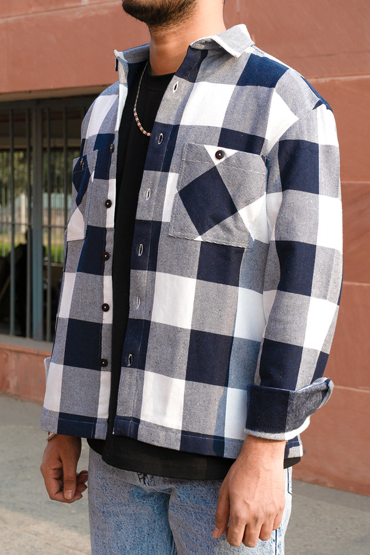 Oversized Flannel Shirt For Men (White & Navy)