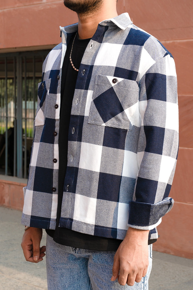 Oversized Flannel Shirt For Men (White Navy)
