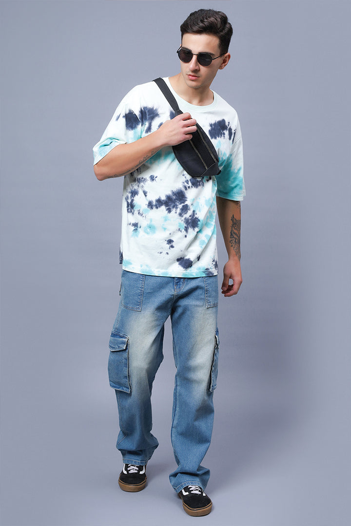 Men's Sea Green Pure Cotton Tie & Dye Oversized T-shirt - Peplos Jeans 