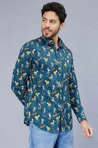 Men's Teal Blue Skeleton Casual Shirt