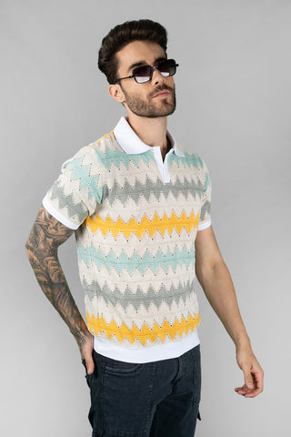 Men's Regular Fit Multi Color Crochet Polo Neck Tee