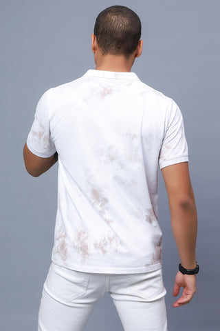 Men's Polo Neck White Tie & Dye Cotton T-shirt